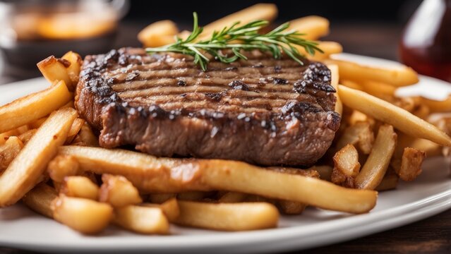 Close-up of French fries with fresh beef steak on a white plate. Delicious food photography for a commercial and advertising catalog.