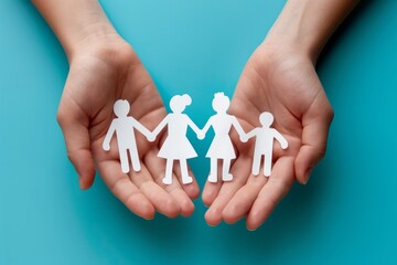 Hands holding paper cut outs of family.