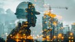 Double exposure art, a man in a hard hat merged with a vibrant cityscape and glowing lights