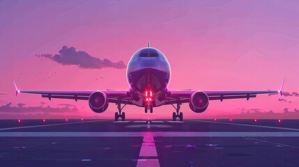 A large jetliner is parked on a runway at sunset