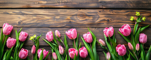 Wall Mural - A wooden background with a row of pink flowers