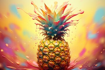 Poster - Abstract image of a pineapple with dynamic, colorful splashes on a radiant background