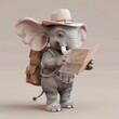 Explorer Elephant A curious 3D elephant with a backpack and a hat, examining a map, AI Generative