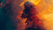 Artistic double exposure image of a firefighter enveloped in vibrant flames