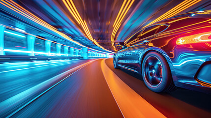 Poster - Car driving on highway, lighting, motion blur photo