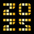 2025 Modern golden text in pixel block style. Vector illustration isolated on black background.