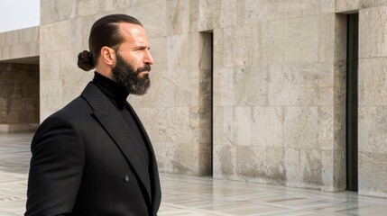 Confident Businessman with Beard Walking near Modern Building