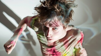 Intense Young man with Wild Hair and Colorful Makeup in Dramatic Lighting