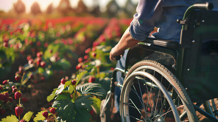 Wall Mural - Disabled elderly person in wheelchair strawberry picking in agricultural field of strawberries. Harvesting food. Inclusion 