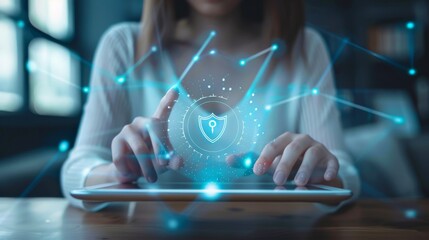 Poster - Girl touches safe icon on tablet. Concept of cyber security, online banking, securing digital assets.