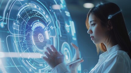 Poster - A girl holds a tablet and presses the technical support button on the virtual screen. The concept of customer support, interface customization, etc. is illustrated.