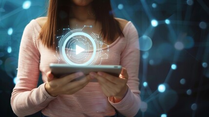 Poster - The image shows a girl with a tablet in her hands and a search icon. The concept is search engine optimization and customer service.