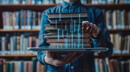 Poster - A man holds a tablet PC, containing an array of online services, touching a stack of books icon.