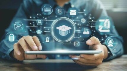 Poster - Man touches a certificate icon (diploma). He holds a tablet computer, which contains several online services.