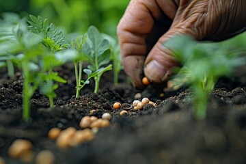 Wall Mural - An intimate moment of agriculture; elderly hands sow seeds, symbolizing the start of life in nurturing soil