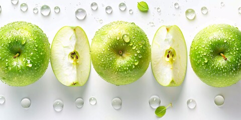 Wall Mural - Sliced fresh green apple on white background from above.