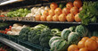 Colorful array of fresh, organic fruit and vegetables in a local market, shop shelves