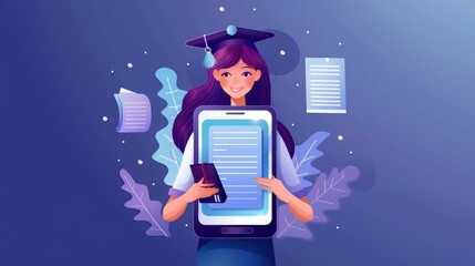 Poster - In this image, a girl is seen holding a smartphone and pressing on the certificate (diploma) icon. The concept of online education is shown.