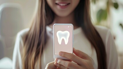 Poster - Image of a girl with a smartphone in her hand. She presses on the tooth icon. She searches for dentists and dental services.