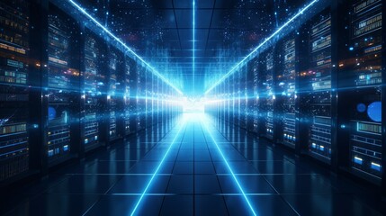 Poster - A bustling data center filled with rows upon rows of servers, their lights blinking in a mesmerizing rhythm.