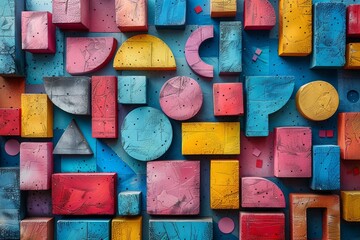 Poster - Vibrant and colorful geometric shapes arranged on a wall, creating a playful and abstract pattern