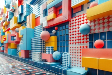 Poster - A visually striking image displaying a variety of geometric shapes and vibrant colors on a building's exterior