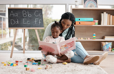 Canvas Print - House, girl and mother reading a book, relax and bonding together with language, learning and storytelling. Development, family and single parent with baby, mama and kid with fairytale and education