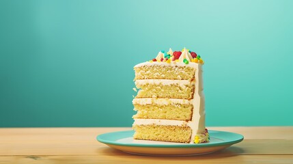 Wall Mural - A piece of cake got cut off the green Cornish British cake house on a plate in a studio with blue background