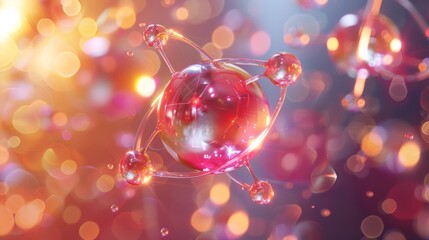 Poster - A captivating 3D animation of a single cosmetic atom, magnified to reveal its awe-inspiring complexity, as it gracefully dances within a water droplet.