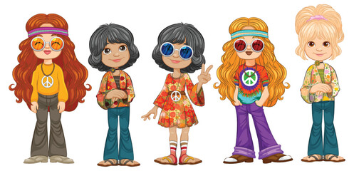 Wall Mural - Five kids dressed in vibrant 70s outfits