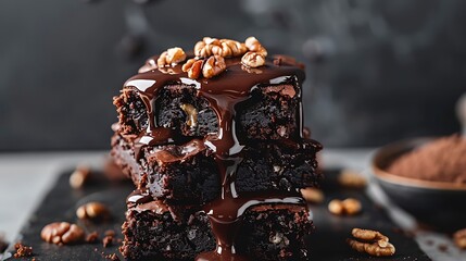 Wall Mural - Chocolate spongy brownie cakes with walnuts and melted chocolate topping on a stack