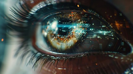 Poster - A close-up photo of a cybernetic eye with a holographic display projecting a virtual interface, highlighting the seamless integration of technology into human vision.