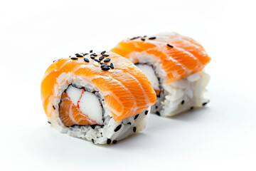 two sushi rolls with salmon and sesame seeds