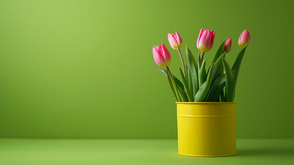 Wall Mural - Beautiful tulip flowers in yellow pot can on green background with wide copy space