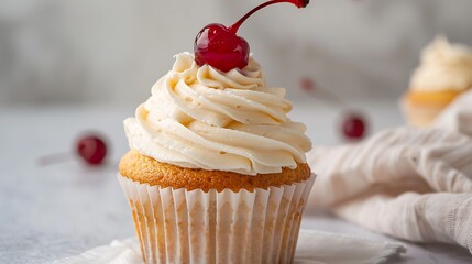 Wall Mural - Cupcake with vanilla buttercream icing and a cherry on top