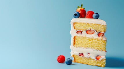 Wall Mural - Delicious cut cake cut on blue background