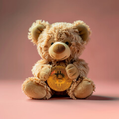 Wall Mural - teddy bear holding bitcoin, ideal concept for education or personal saving plan since young age