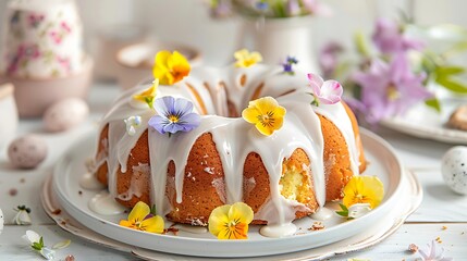 Wall Mural - Easter yeast cake covered with icing and decorated with edible flowers on a white plate on a white wooden table