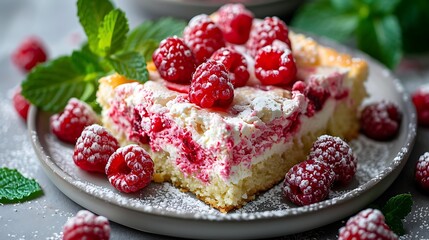 Pieces of homemade raspberry cake on a plate with fresh raspberry berries and mint