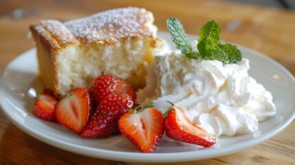 Wall Mural - Portion of angel food cake served with whipped cream and strawberries