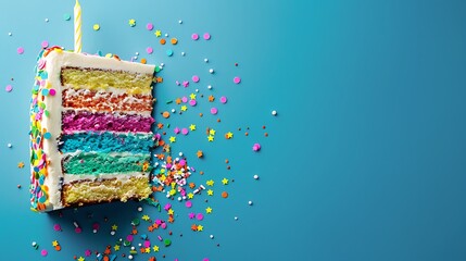 Sticker - Sliced confetti Birthday cake with rainbow colored icing and Sprinkles over a blue background