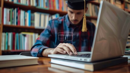 Poster - Laptop on desk. Man presses on icon university degree. Concept of online education.