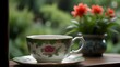 : A delicate china teacup filled with fragrant herbal tea, surrounded by vibrant green leaves in a lush garden 