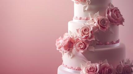 Wall Mural - Tiered wedding cake with sugarpaste roses in pink background