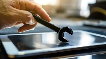 Poster - an image of a human hand with a black wrench sticking out of a tablet screen. concept of technical s