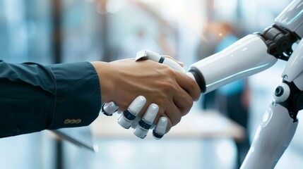 Poster - Handshake between a human and artificial intelligence via digital tablet. Artificial intelligence, concept of the future.