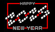 Happy New Year 2025. Modern text in pixel block style. Vector illustration isolated on black background.