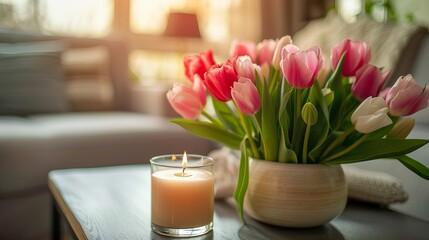 Wall Mural - A burning candle alongside tulips decorates a home interior