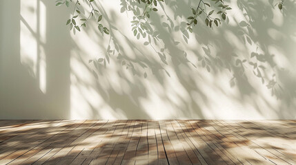 Wall Mural - Room interior empty space background mock up, sunlight and shadows room walls, cozy summer warm room with sunlight and leafs shadows and wooden blank parquet floor