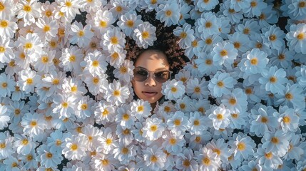 Poster - Ethereal Aerial View of Woman Amidst a Lush Cherry Blossom Pattern, Celebrating Spring's Delicate Beauty